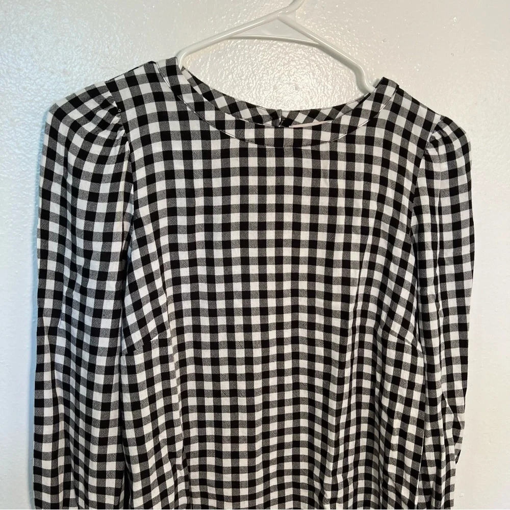 Loft Women's Size XS Blouse Long Puff Sleeve Black White Gingham Crewneck 552579